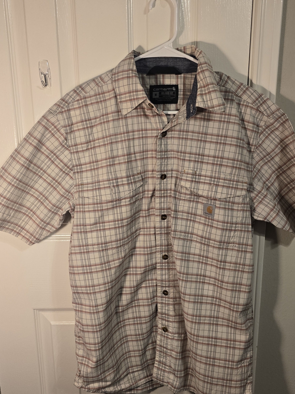 Carhartt Men's Short-Sleeve Plaid Button-Up Shirt - Cream/Brown